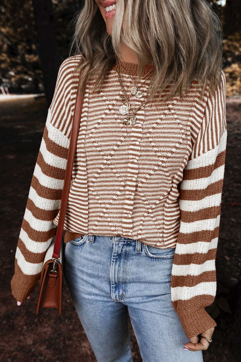 Cotton Blend Striped Sweater | Love Salve Brown