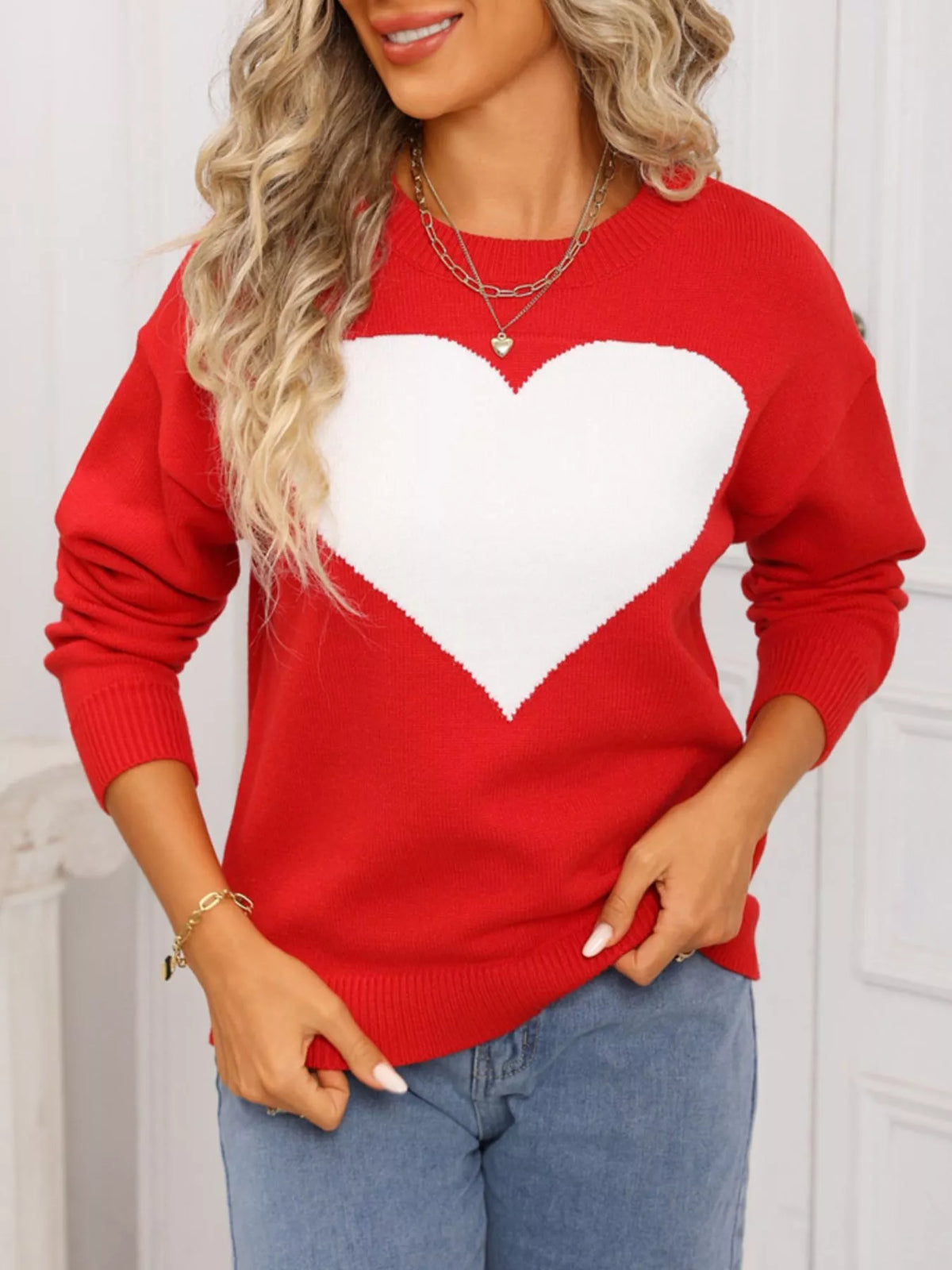 Valentine's Day Heart Round Neck Dropped Shoulder Sweater