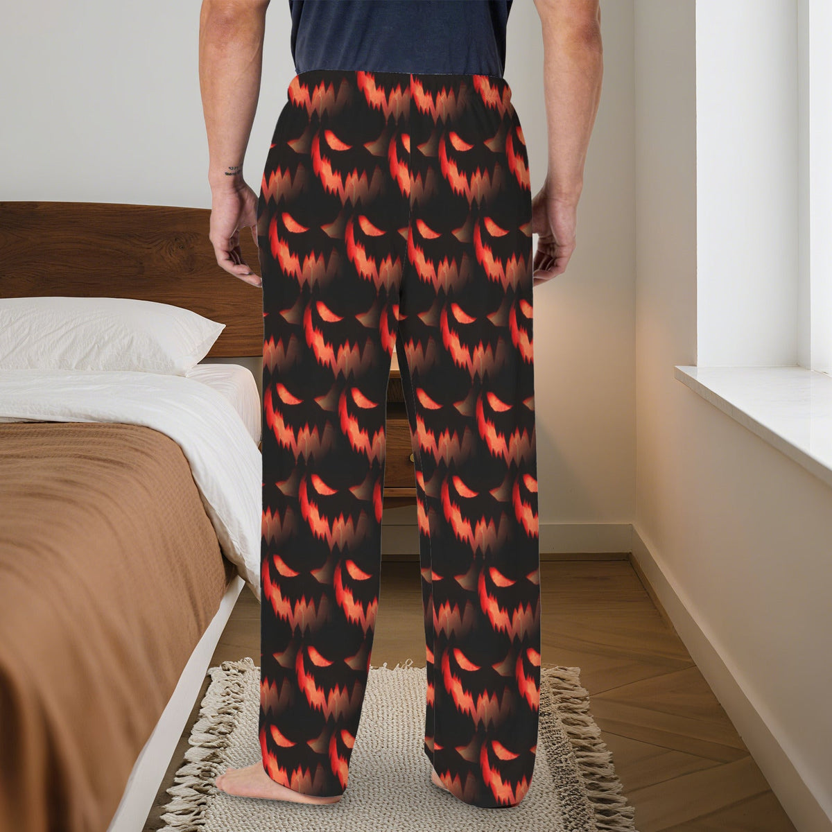 Orange Spooky Face Pattern Men's Drawstring Pajama Pants Without Pockets