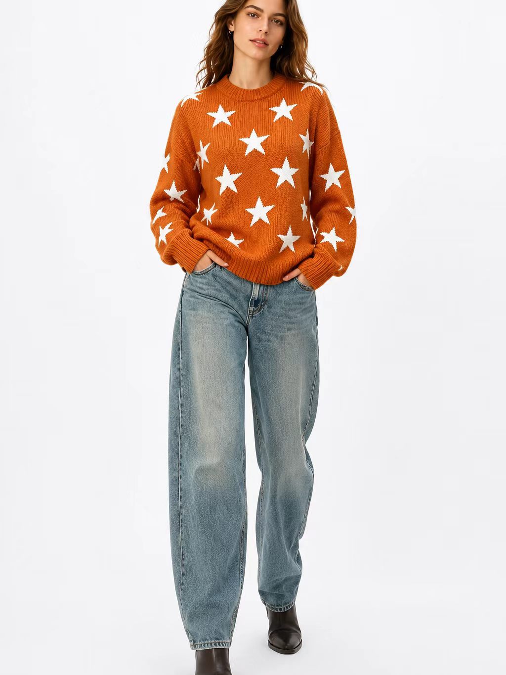 Womens Retro American-Style Star Jacquard Crew-Neck Sweater