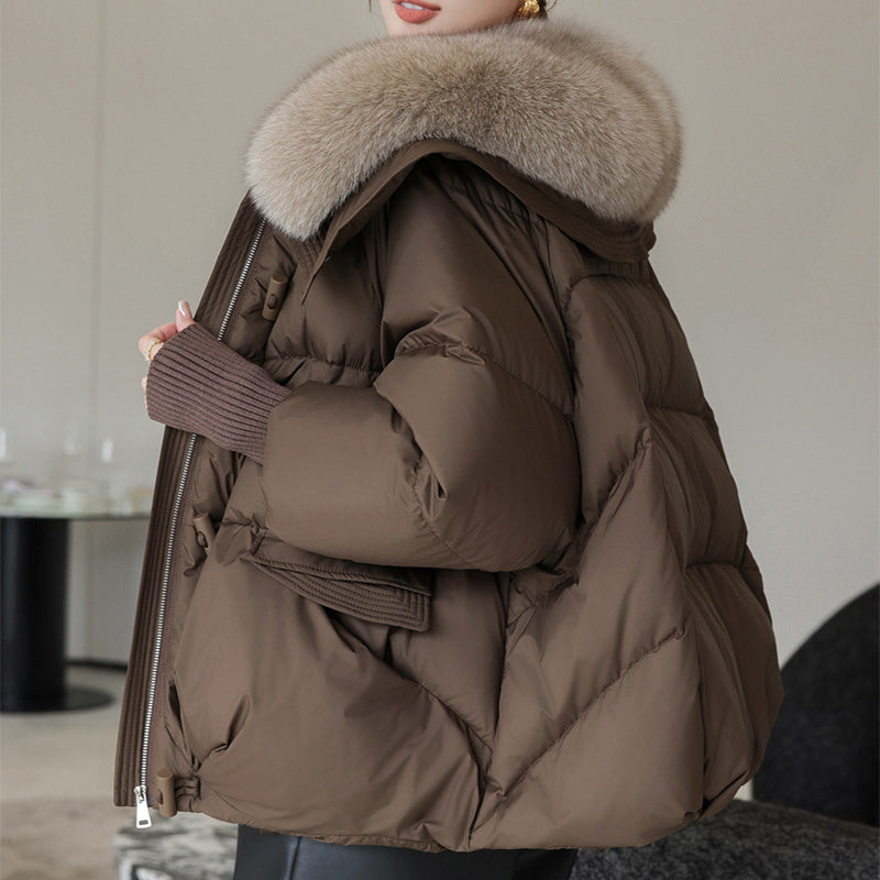 Chaqueta de plumón de algodón para mujer, corta, con cuello de piel, abrigo grueso, ropa de invierno