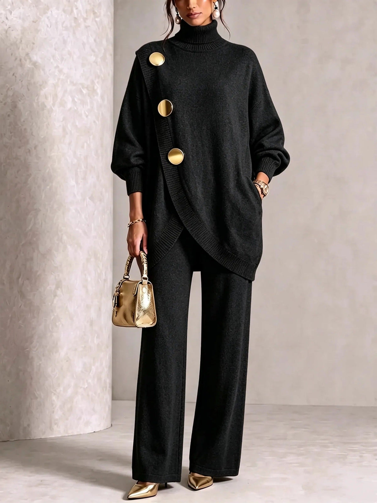 Women's Asymmetric High-Neck Sweater & Wide-Leg Pants Set
