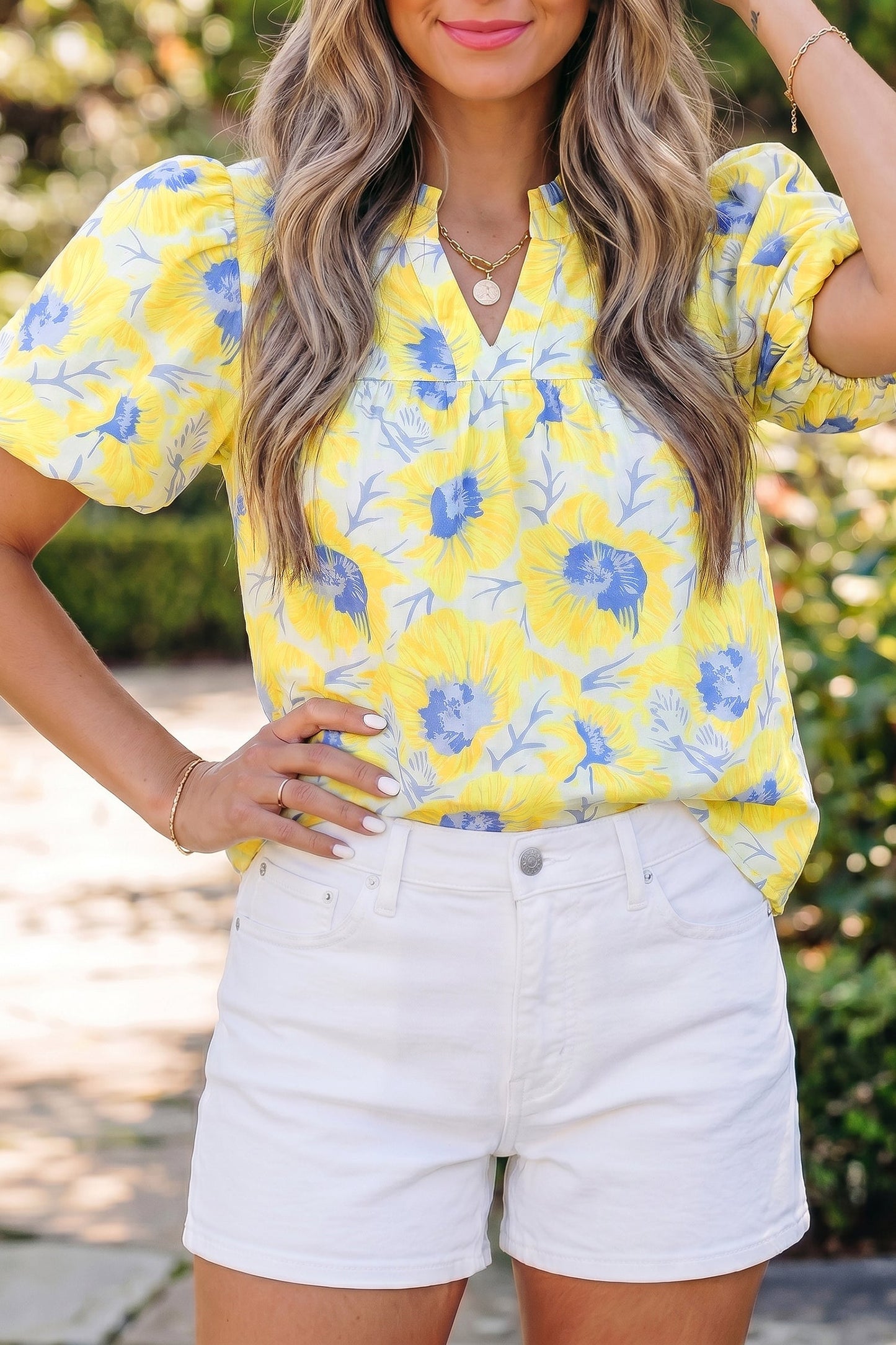 Yellow Short Bubble Sleeve Summer Floral Blouse