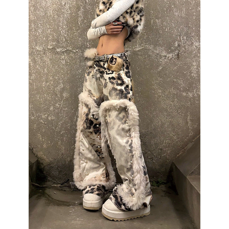 Vaqueros de mezclilla de retazos de felpa con estampado de leopardo retro estilo americano para mujer. Consulta la tabla de tallas en "más detalles".