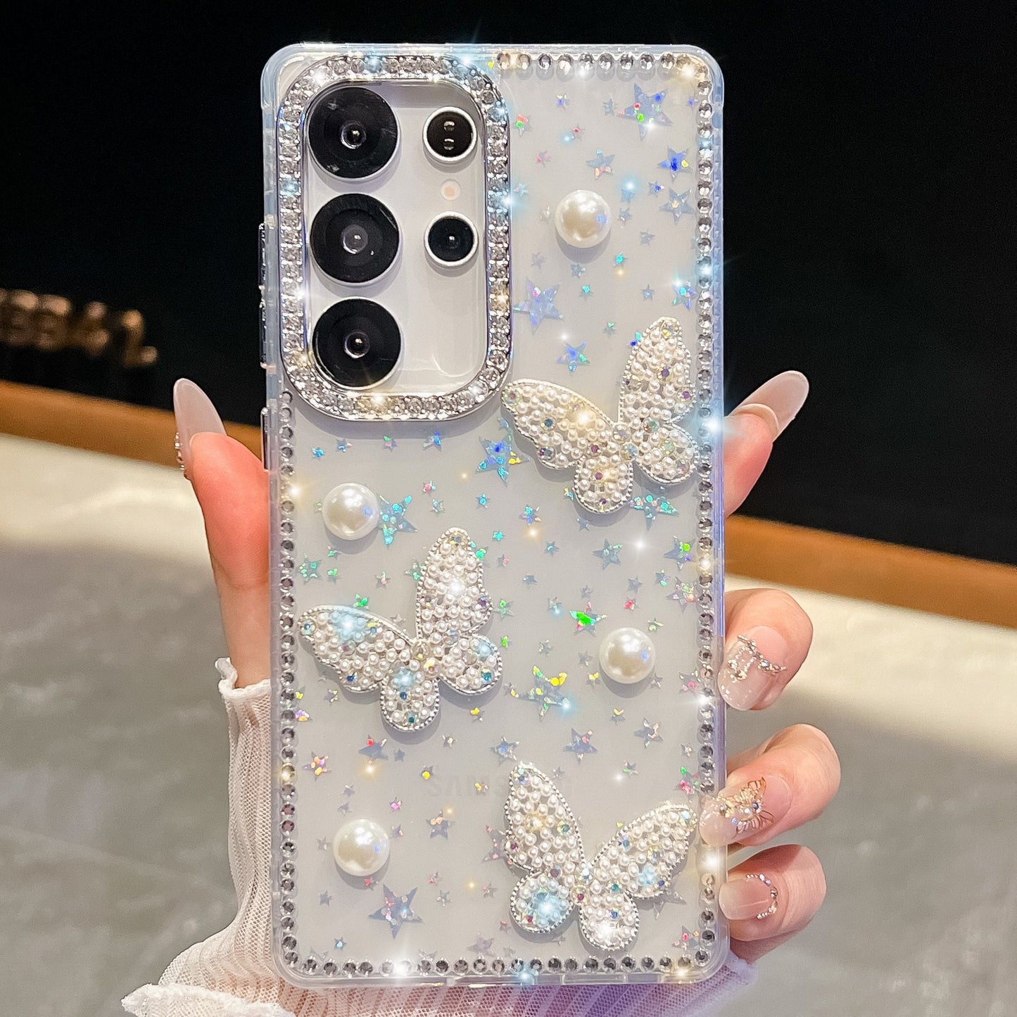 Glitter Powder Pearl Butterfly Style Phone Case With Rhinestones