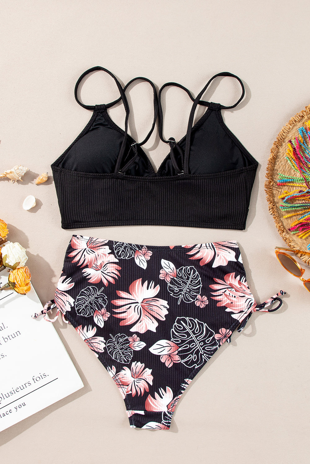Traje de baño de bikini de 2 piezas de punto acanalado negro de cintura alta