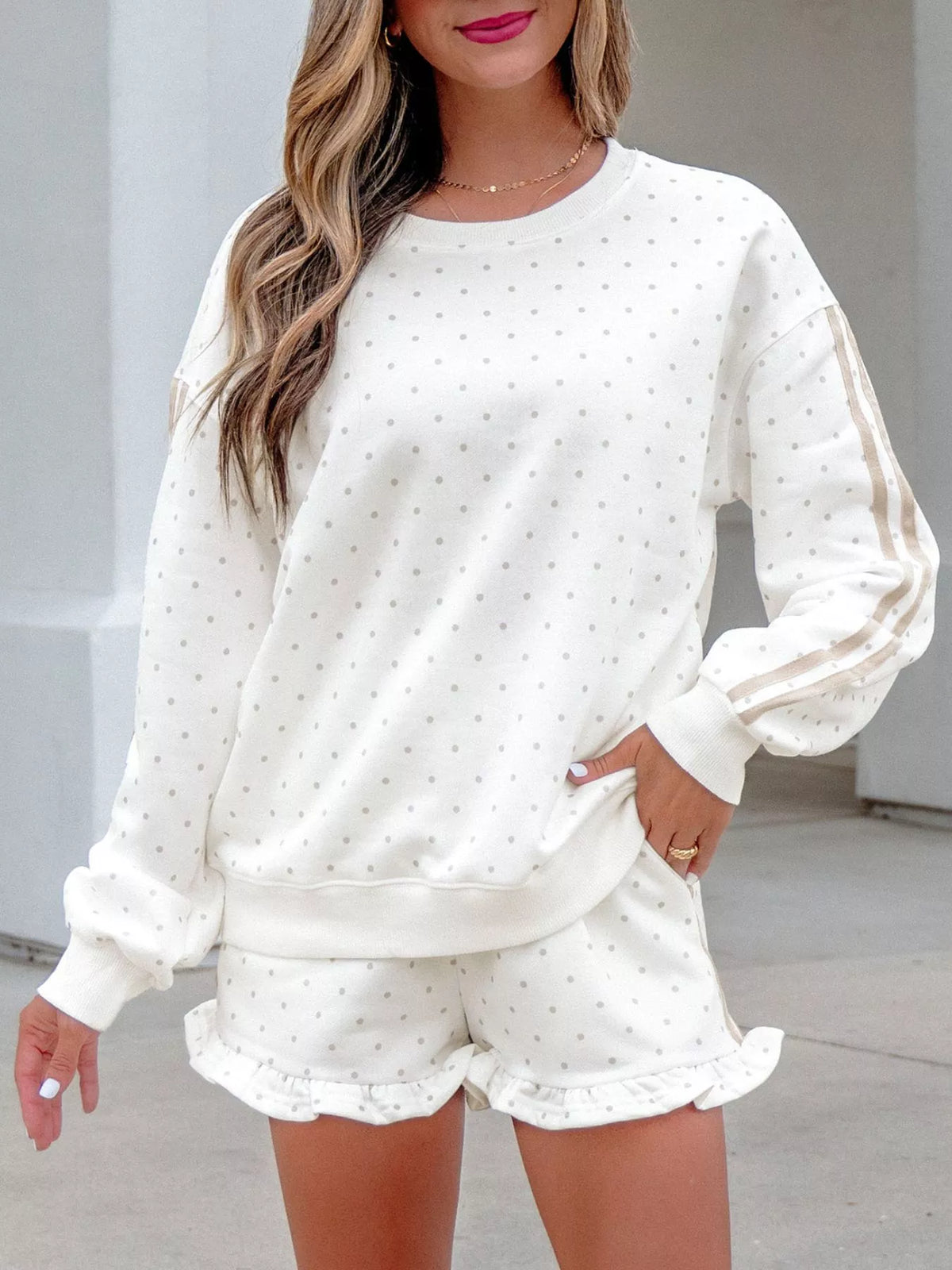 Polka Dot Long Sleeve Sweatshirt and Shorts Set