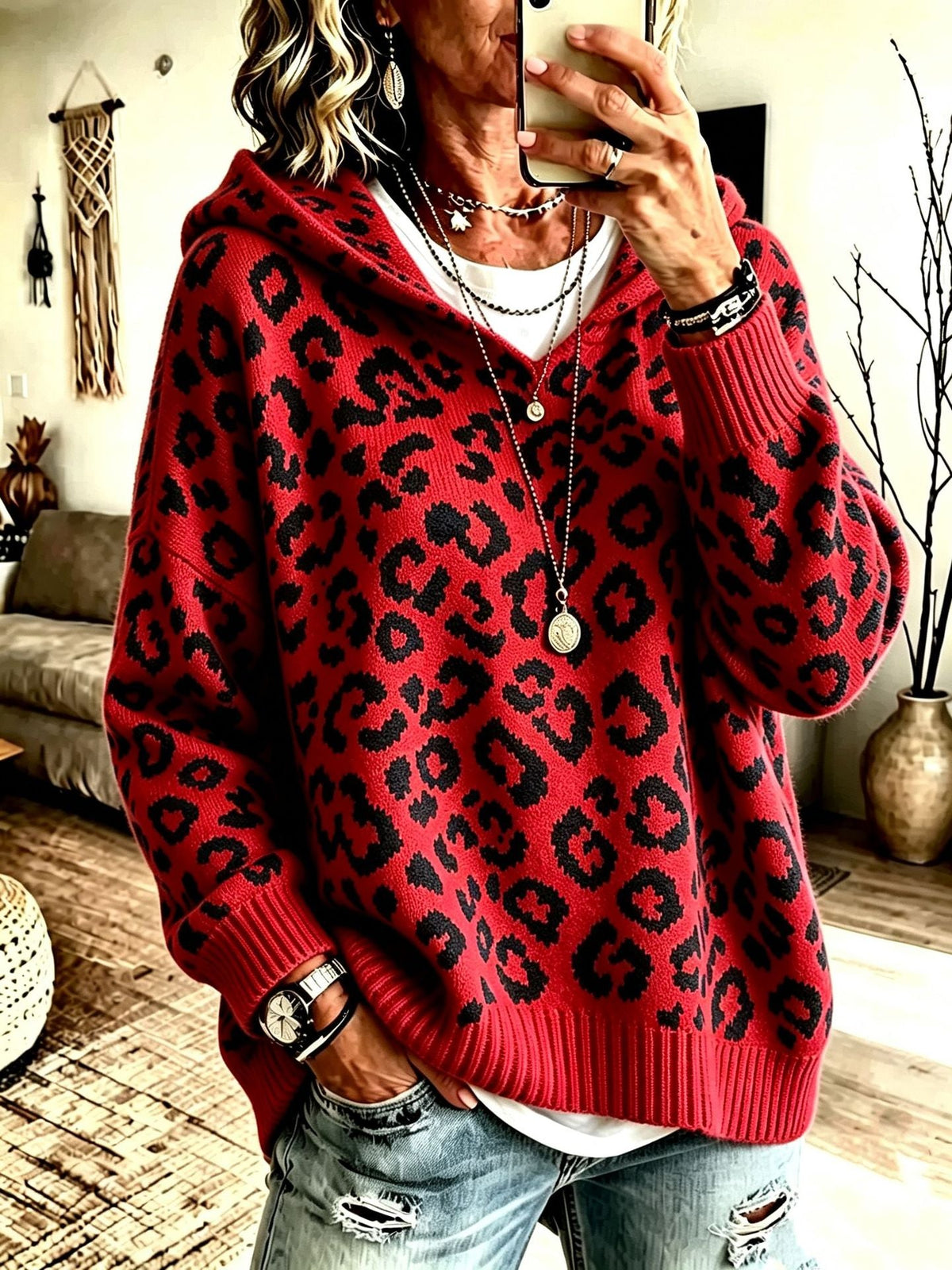 New Fallwinter Womens Leopard-print Hooded Knit Sweatshirt