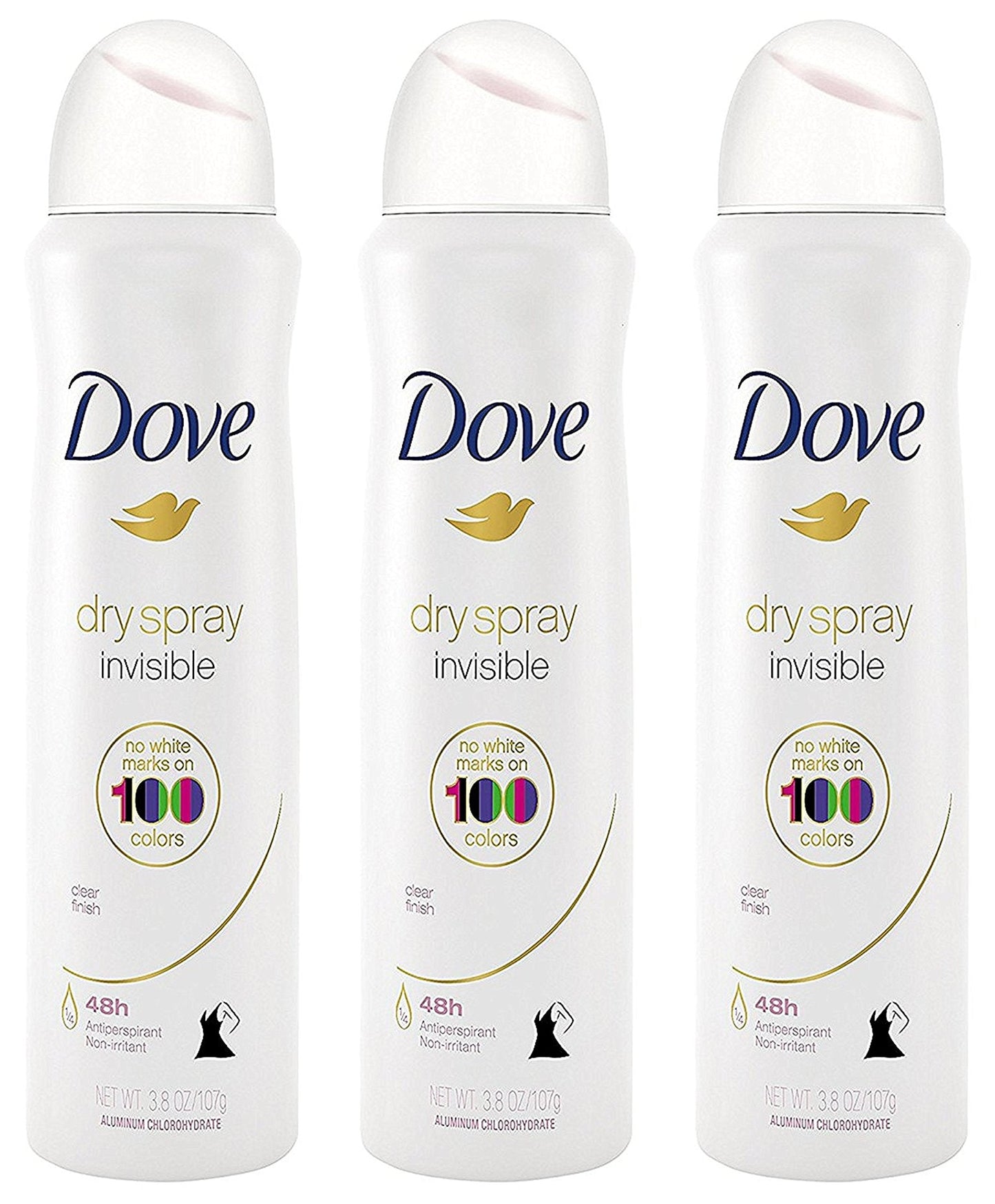 Dove Antiperspirant Dry Spray - Invisible - Clear Finish - 3.8 OZ (107 g) Per Can - Pack of 3 Cans