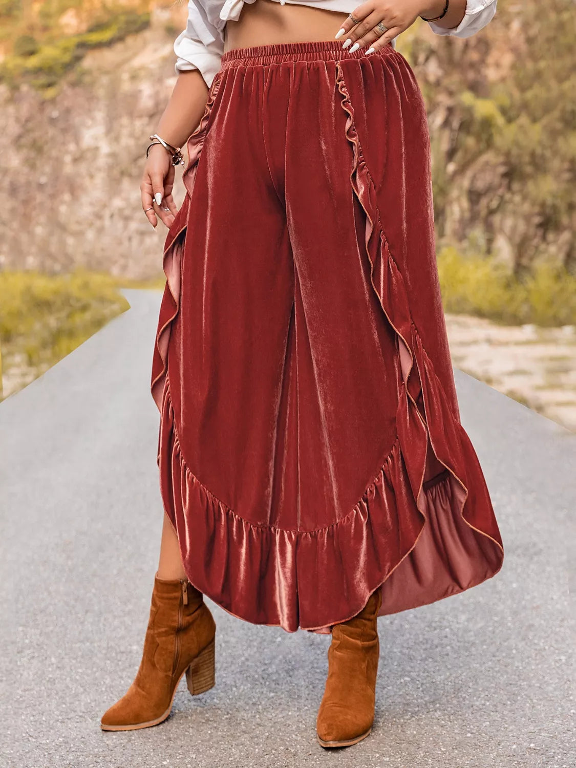 Plus Size Velvet Ruffle Hem Wide Leg Pants