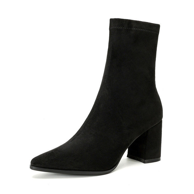 Women's High-Heel Stretch Side Zipper Block Heel Boots