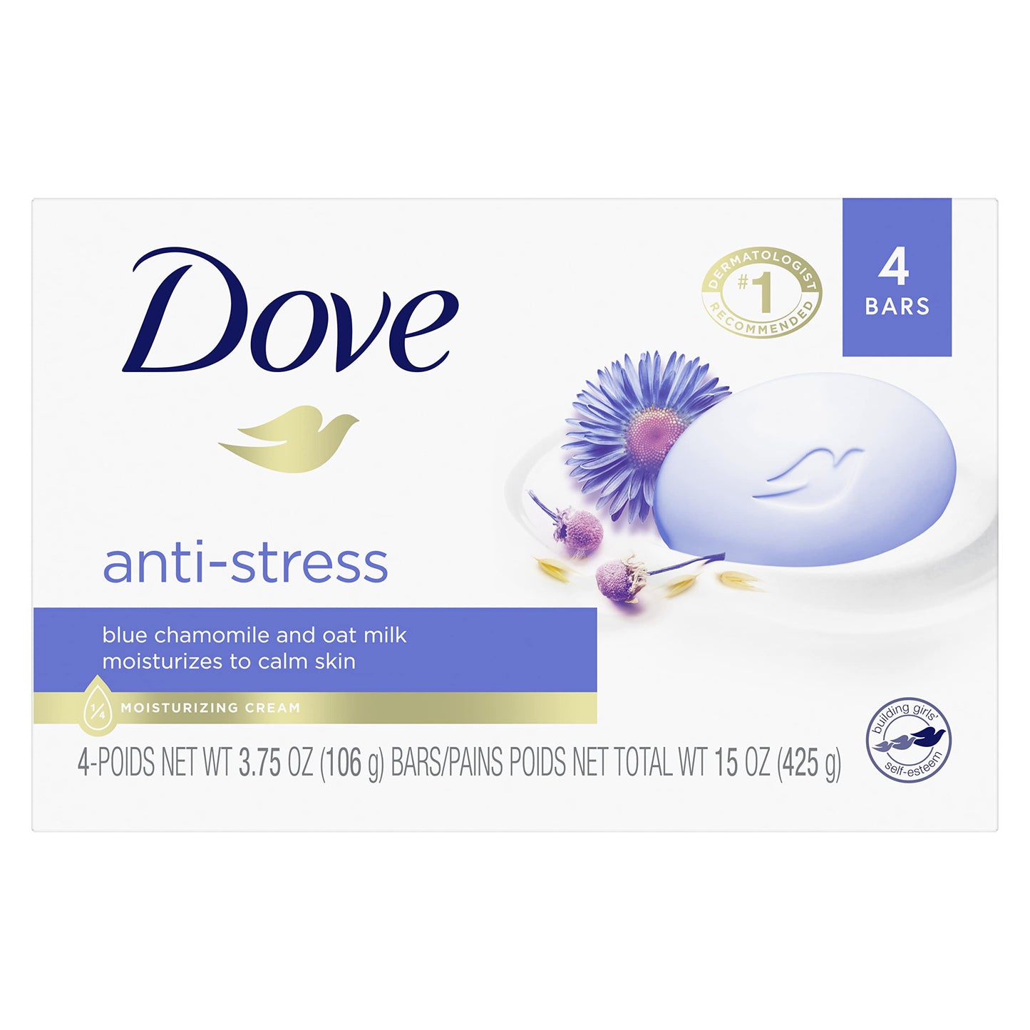 Dove Beauty Bar Gentle Cleanser Moisturizes To Calm Skin Anti-Stress Cream Bar Gentle Bar Soap Cleanser Made With 1/4 Moisturizing Cream 3.75 oz 4 Count
