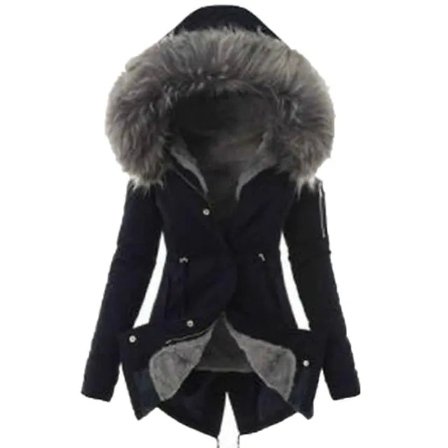 Casual Long Cotton Puffer Coat with Faux Fur Hood