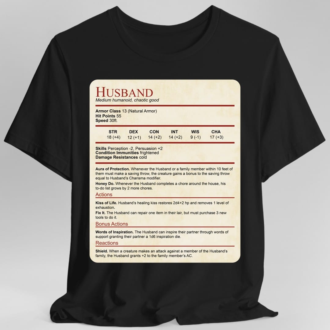 Camiseta con el bloque de estadísticas de marido de DnD