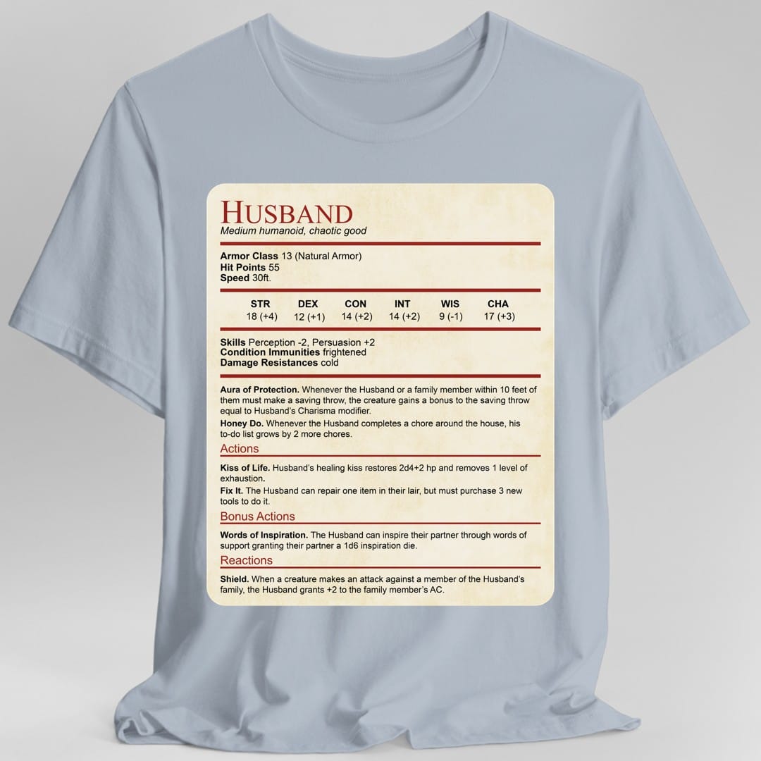 Camiseta con el bloque de estadísticas de marido de DnD
