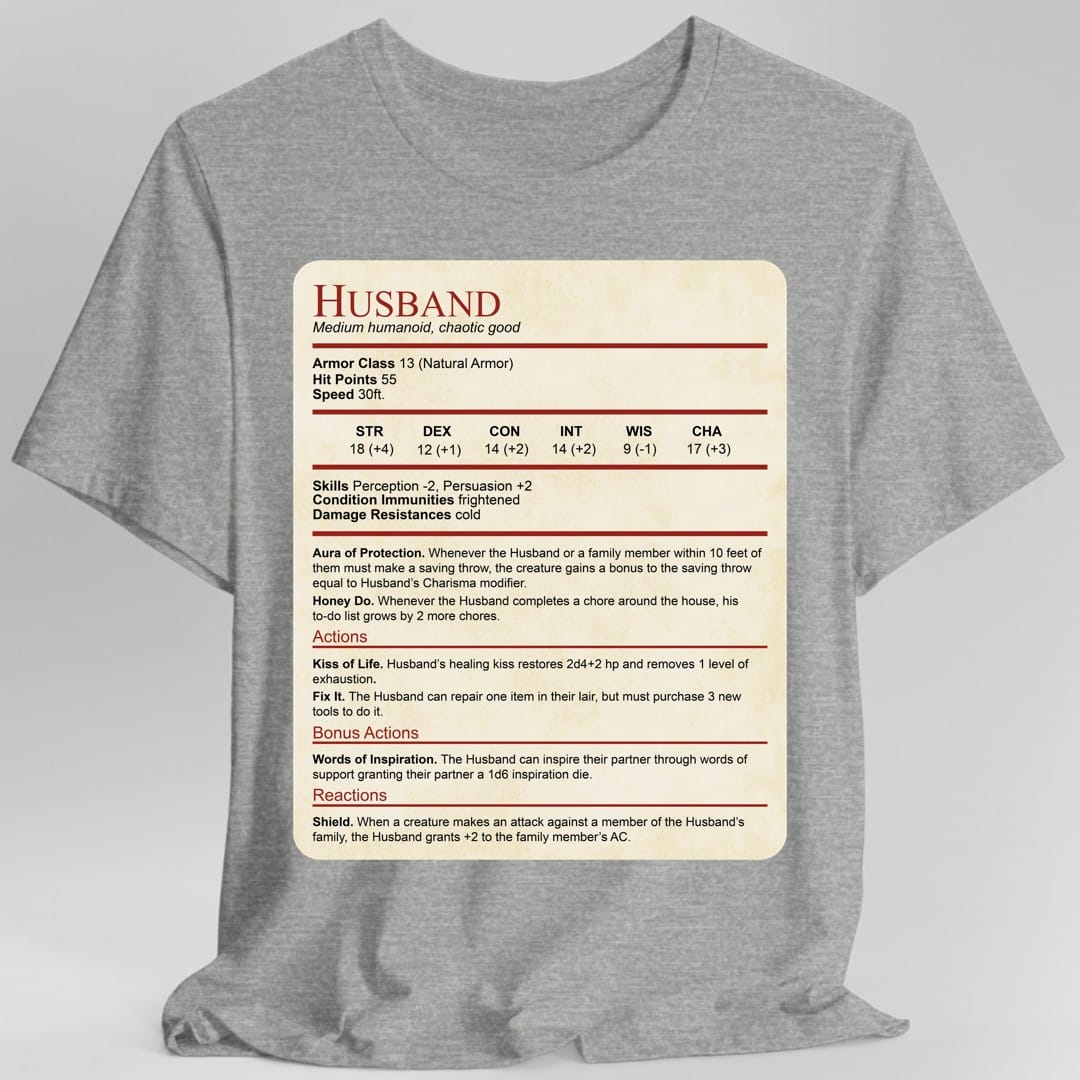 Camiseta con el bloque de estadísticas de marido de DnD