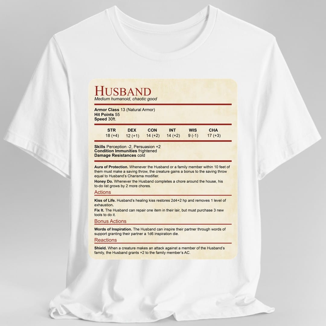 Camiseta con el bloque de estadísticas de marido de DnD