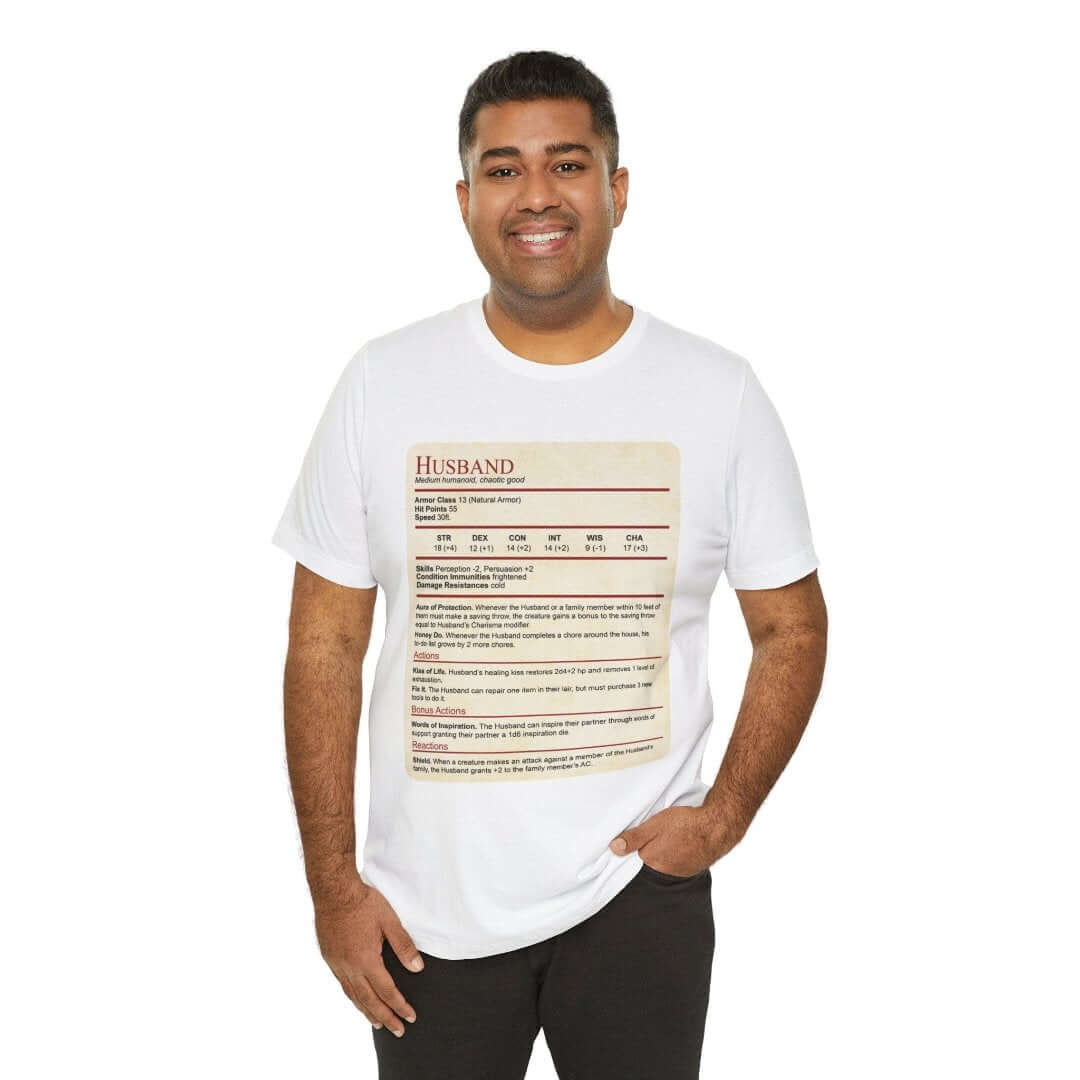 Camiseta con el bloque de estadísticas de marido de DnD
