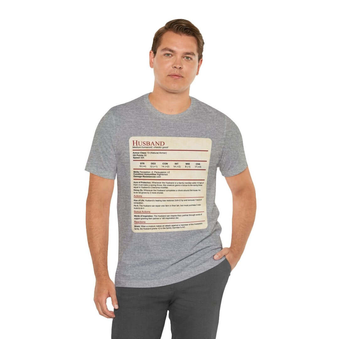 Camiseta con el bloque de estadísticas de marido de DnD