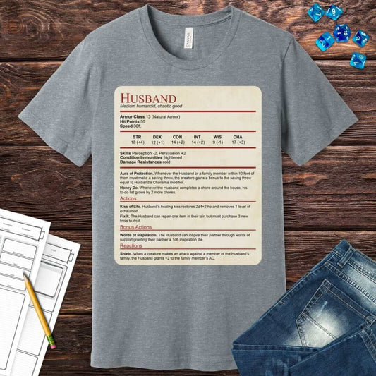 Camiseta con el bloque de estadísticas de marido de DnD