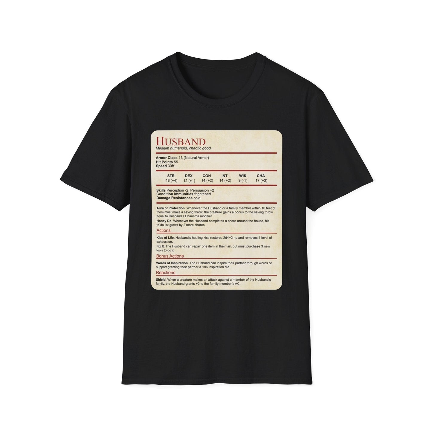 Camiseta con el bloque de estadísticas de marido de DnD