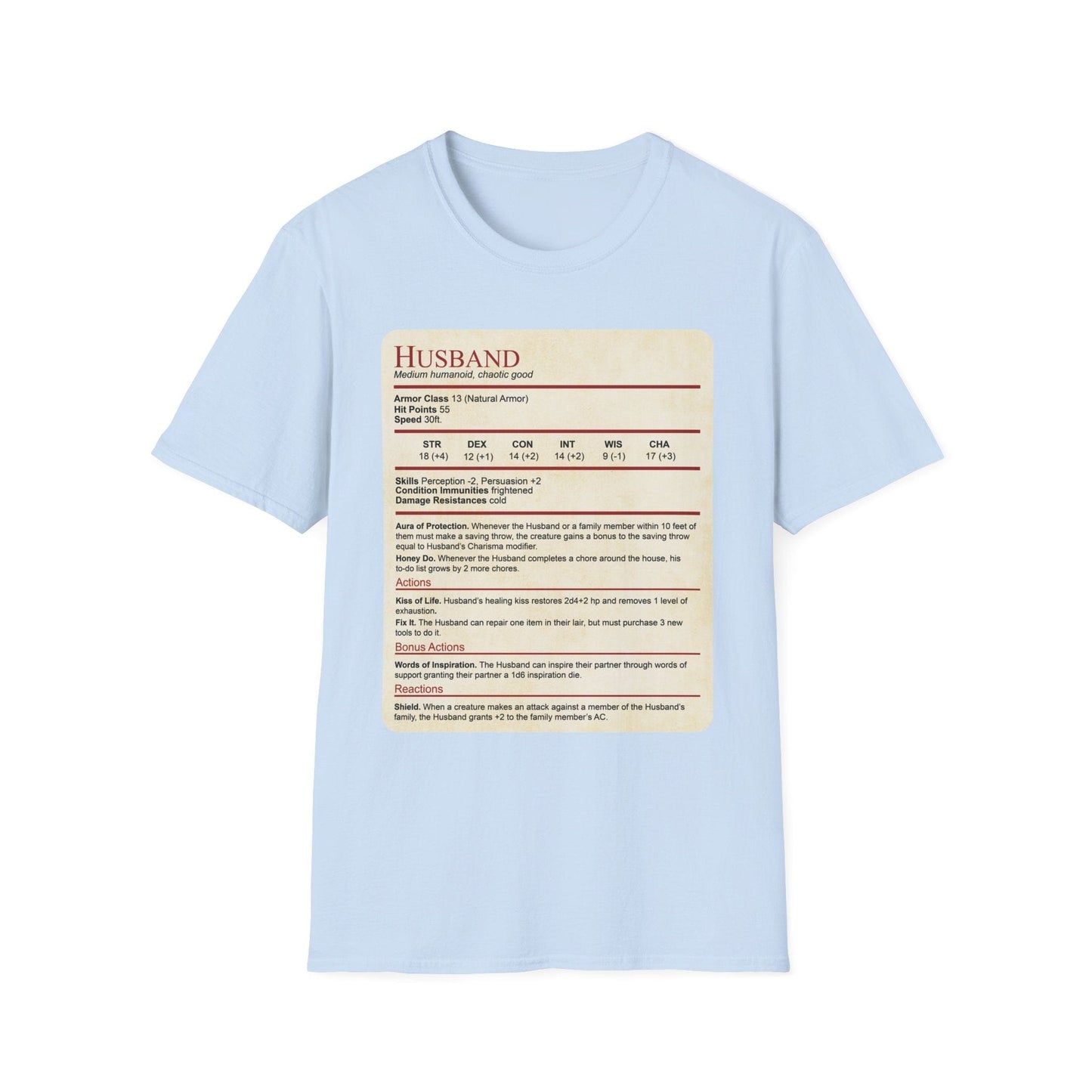 Camiseta con el bloque de estadísticas de marido de DnD