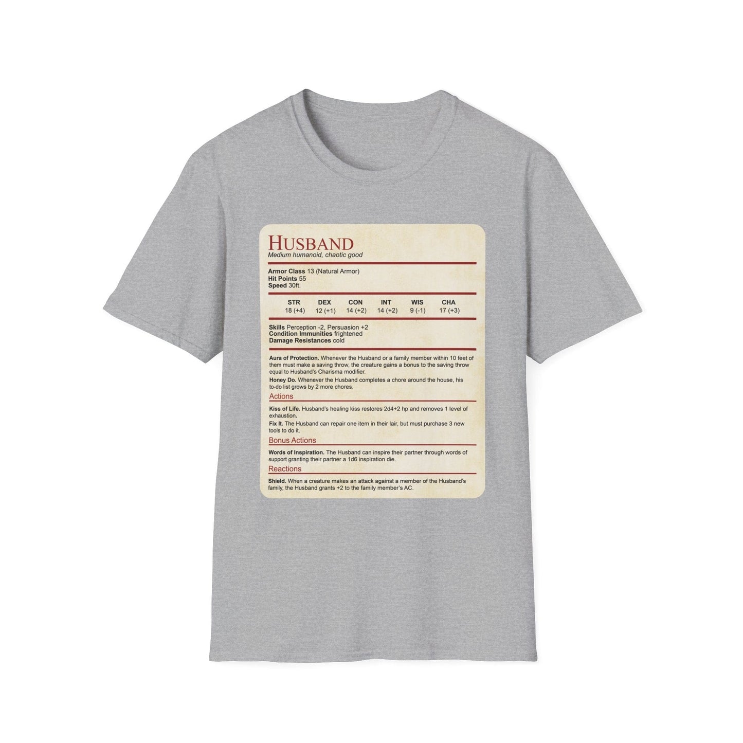 Camiseta con el bloque de estadísticas de marido de DnD