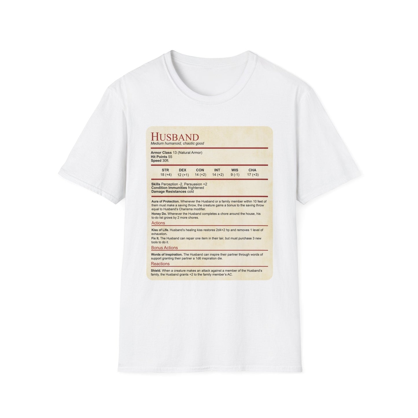 Camiseta con el bloque de estadísticas de marido de DnD