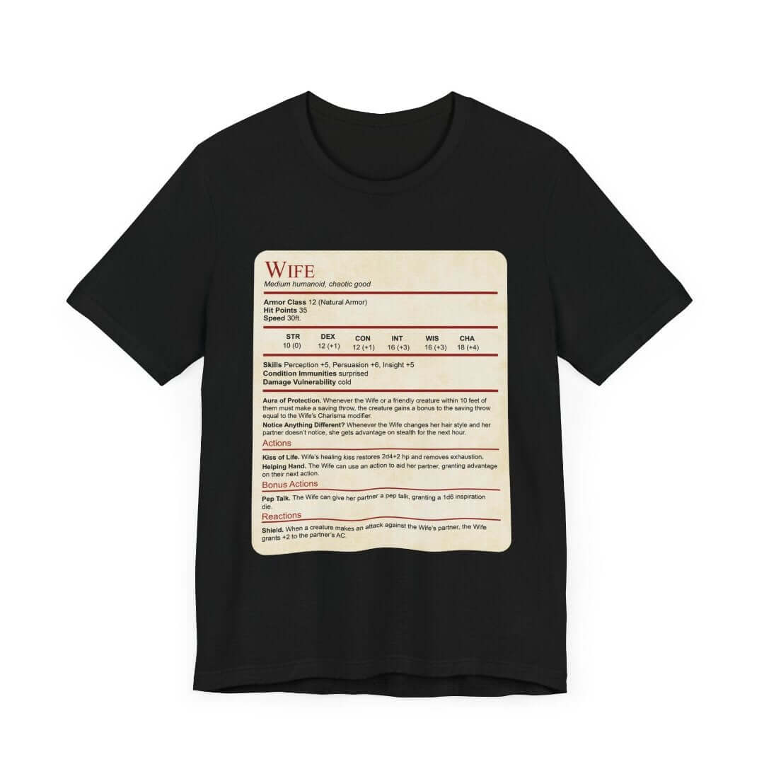 Camiseta con Bloque de Estadísticas de Esposa de Calabozos y Dragones