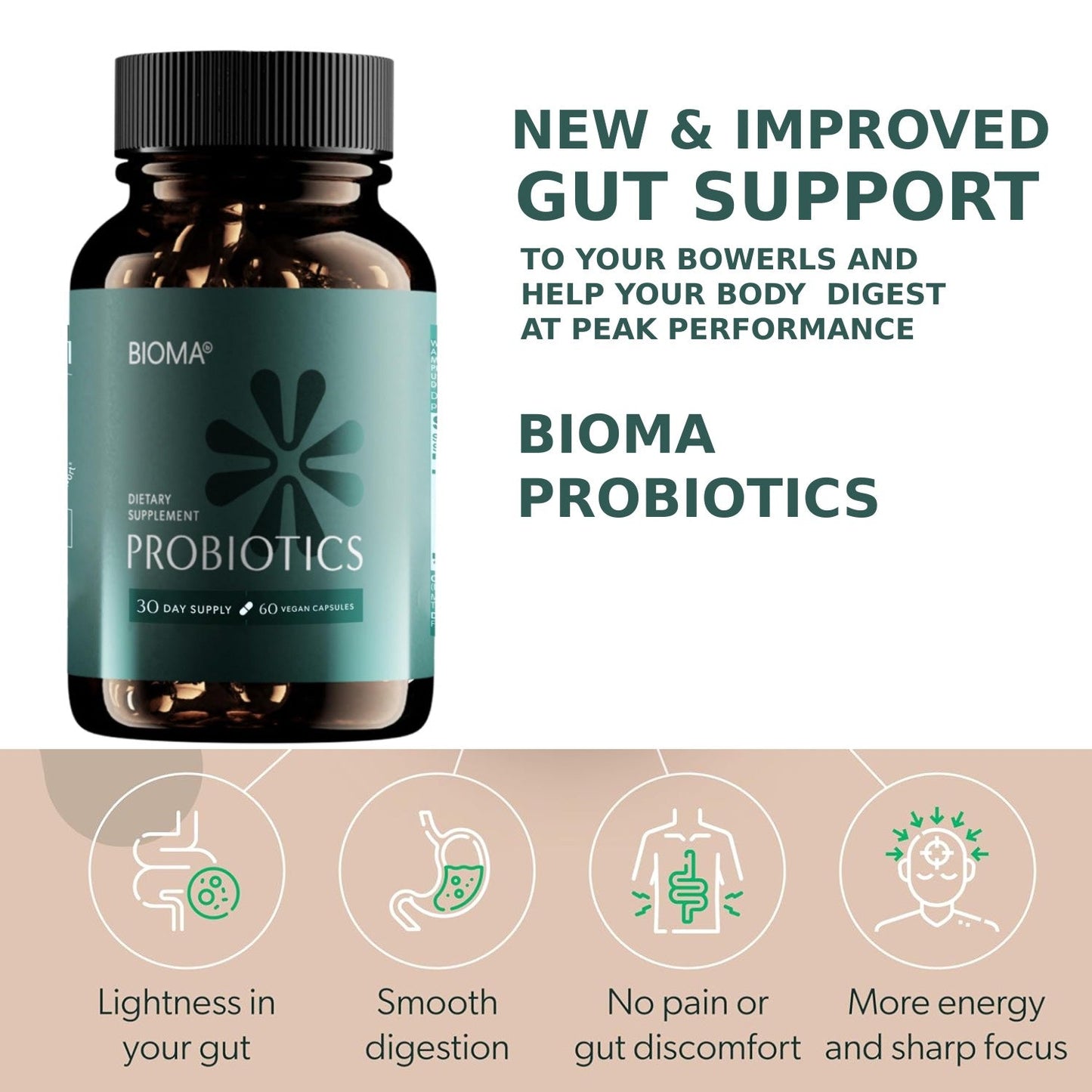 BIOMA Probiotic Gut Support - Vegan, Gluten Free, 60 Caps - Clearance Sale