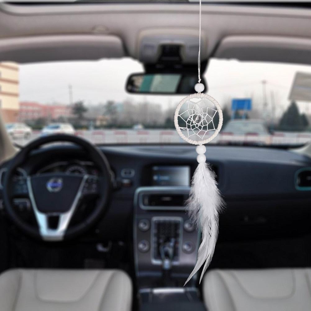 Dream Catcher Cars Rear View Mirror Mini Pure White Small Feather Wind Chimes Wall Hanging Decor Handmade Catcher Feather Wall Hanging Decorations Car Charm Ornament Pendant