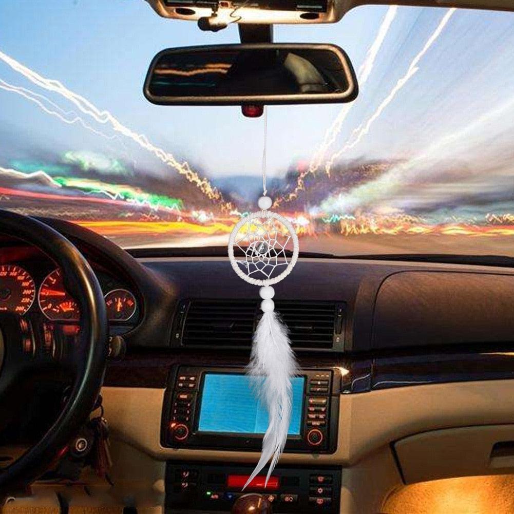 Dream Catcher Cars Rear View Mirror Mini Pure White Small Feather Wind Chimes Wall Hanging Decor Handmade Catcher Feather Wall Hanging Decorations Car Charm Ornament Pendant