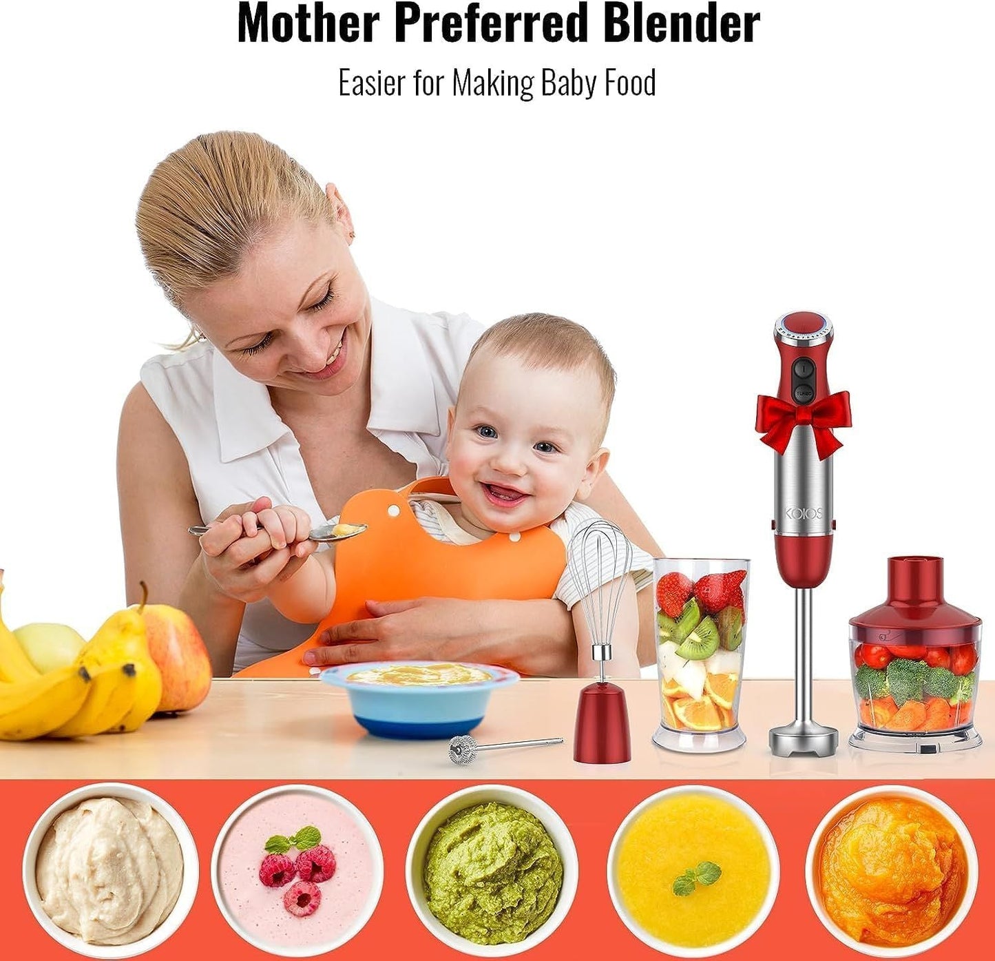 KOIOS 5-in-1 Hand Immersion Blender, 1000W 12 Speed Handheld Blender, Copper Motor Stainless Steel Blade Stick Blender,600ml Mixing Beaker,500ml Food Processor, Whisk, Milk Frother, B PA-F ree, Red