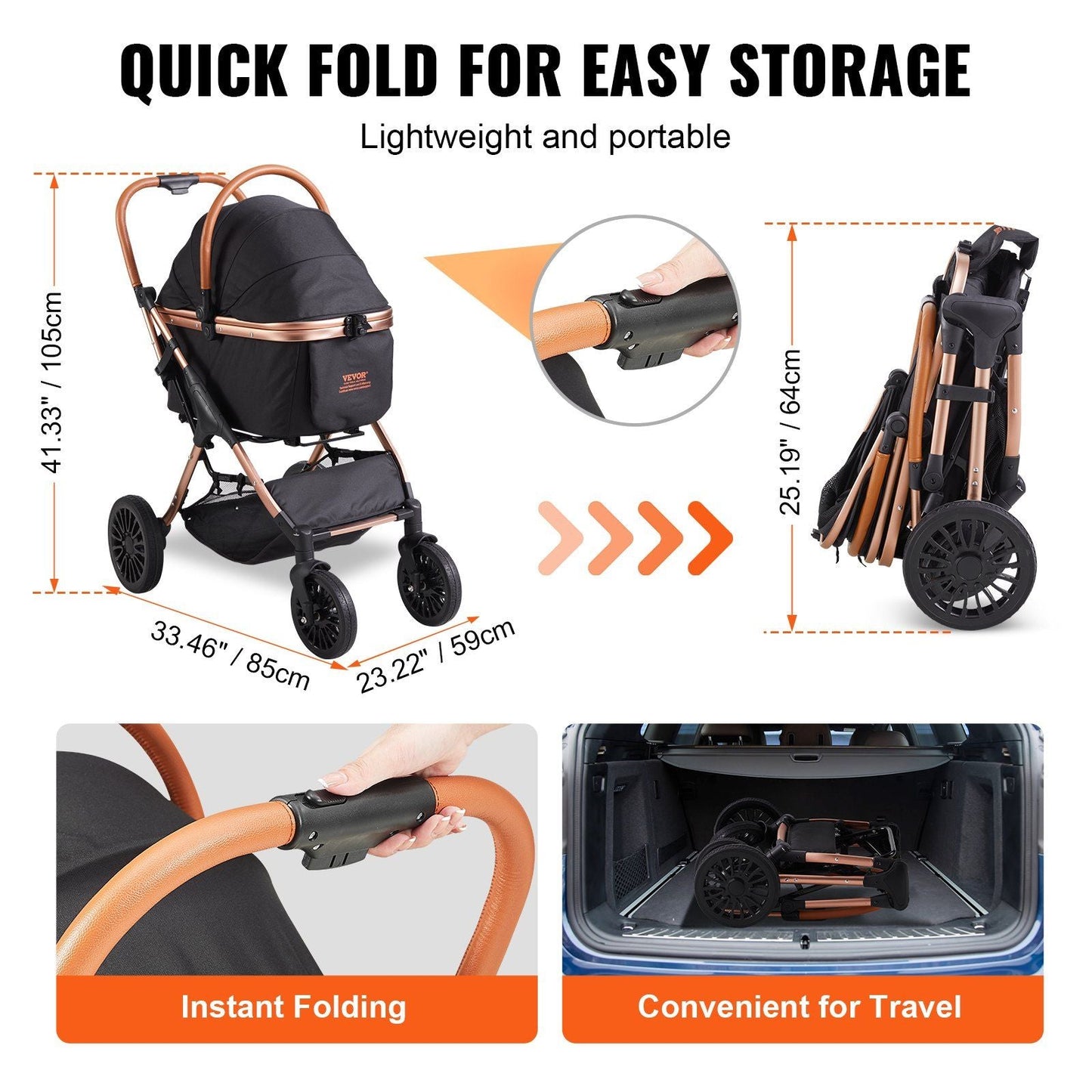 Pet Stroller - 4 Wheels Dog Stroller Rotate with Brakes, 66 lbs Weight Capacity, Puppy Stroller with Detachable Carrier, Storage Basket and Pet Pad, for Small to Medium Sized Dogs, Black