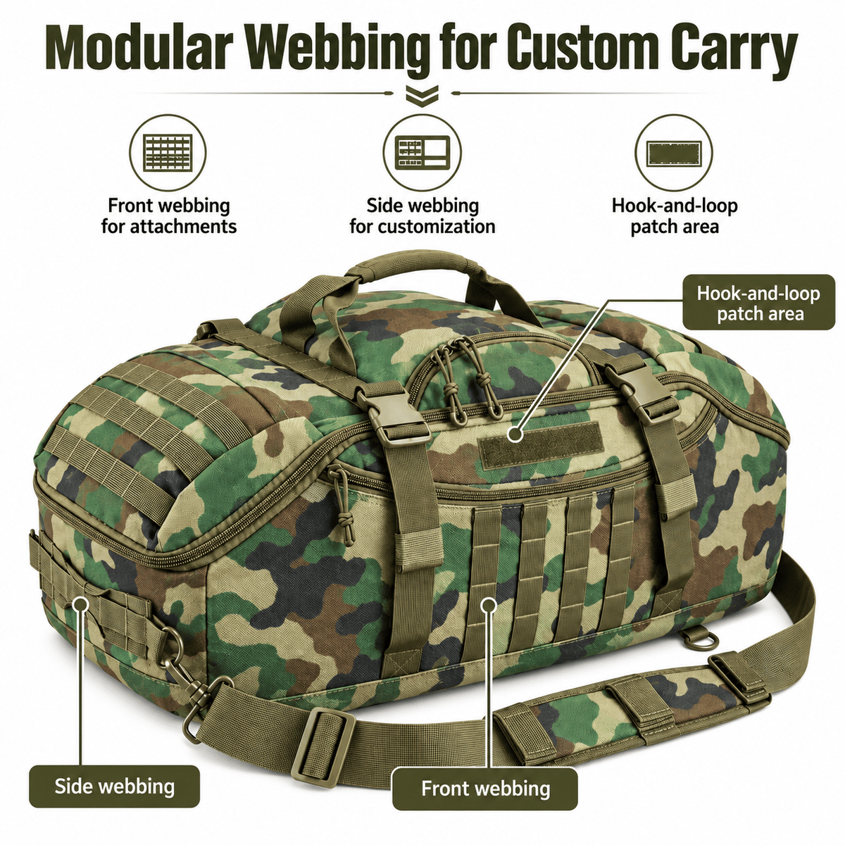 Tactical 65L Large Duffle Bag, 3-in-1 Tactical Backpack MOLLE Pack for Sports, Gym, Outdoor