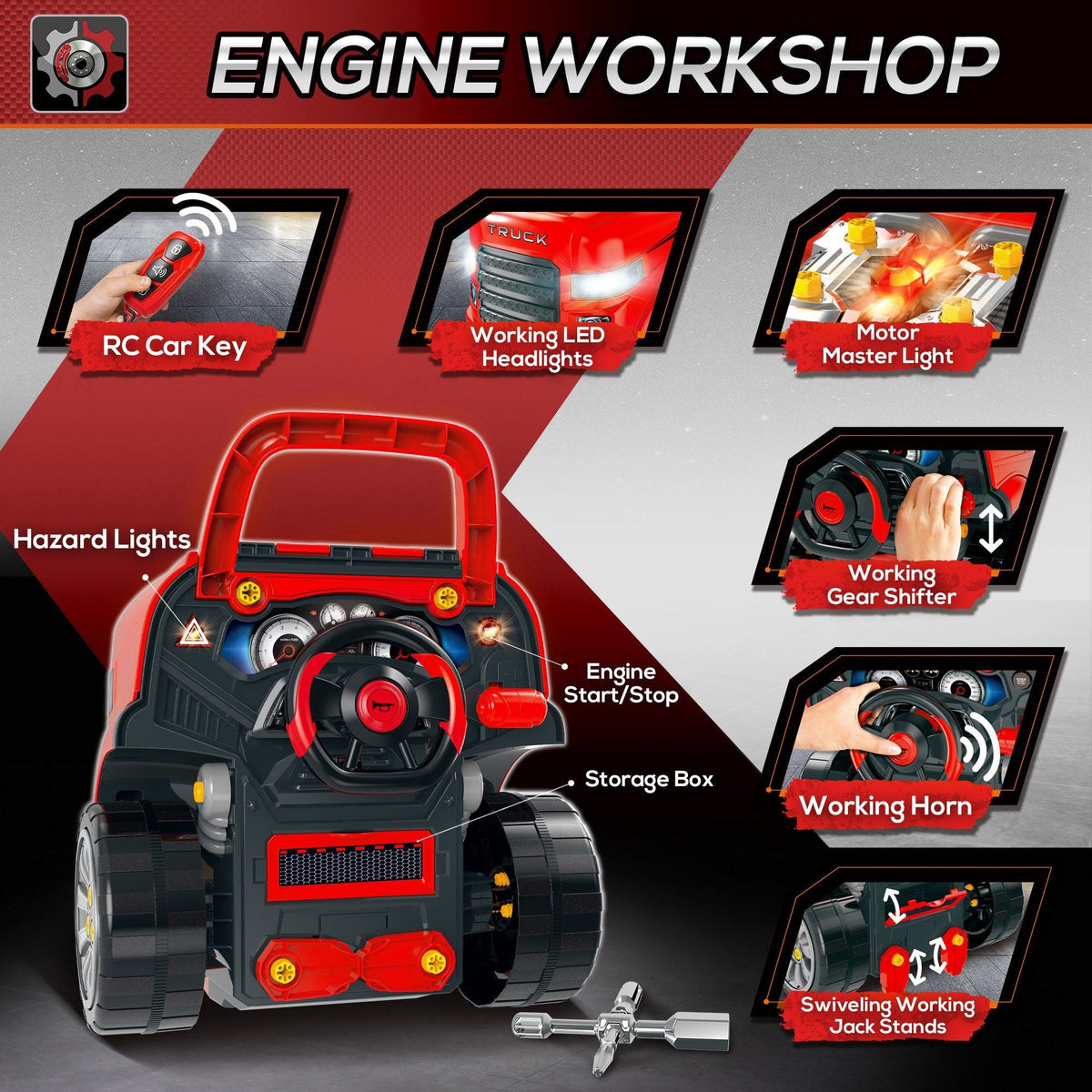 Engaging Kids Truck Engine Toy Set with RC Car Key | Red Mechanic Toys for Ages 3-5