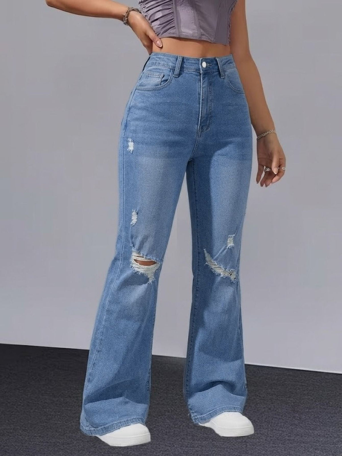 Women Distressed Cuffed Straight Leg Cropped Denim Jeans Stretch Slim Pants For Daily Street Casual Outfits