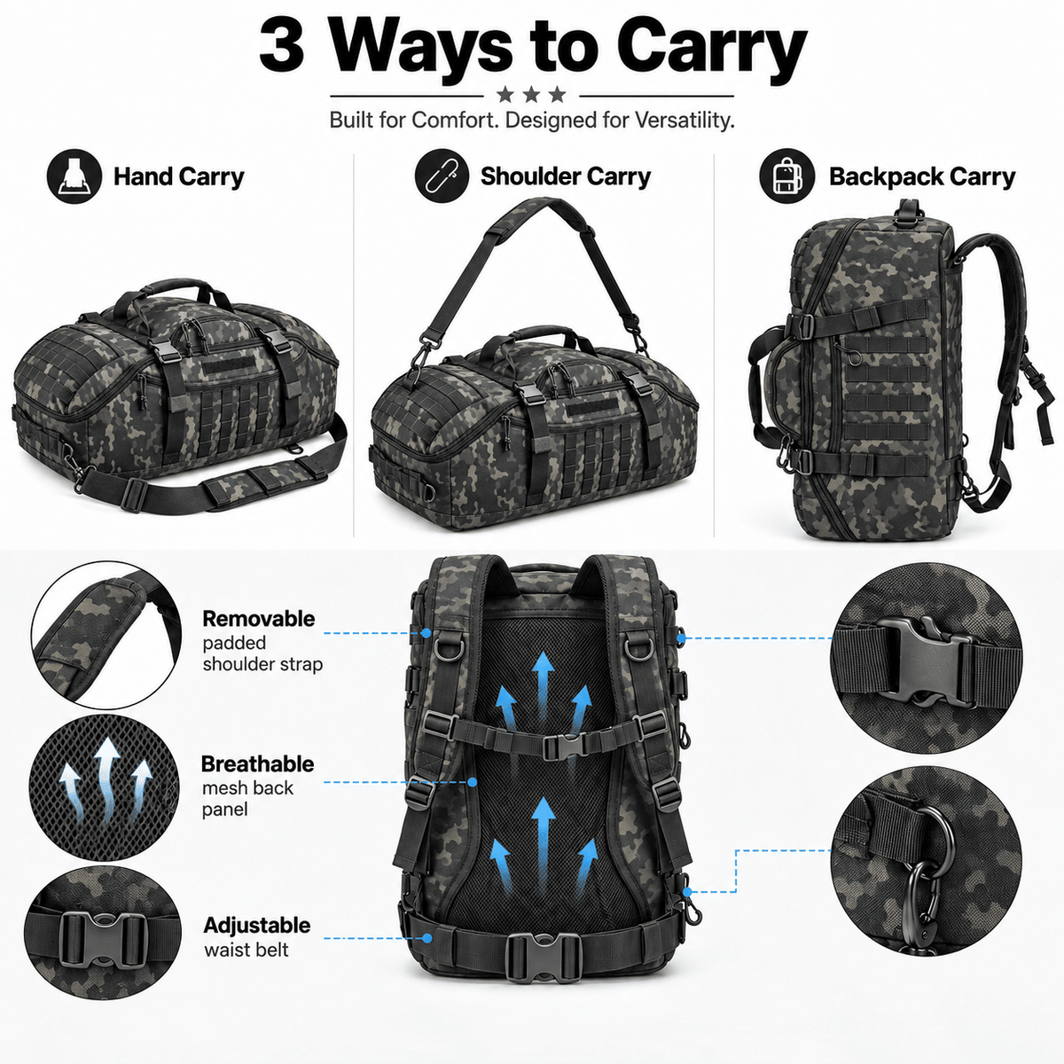Tactical 65L Large Duffle Bag, 3-in-1 Tactical Backpack MOLLE Pack for Sports, Gym, Outdoor