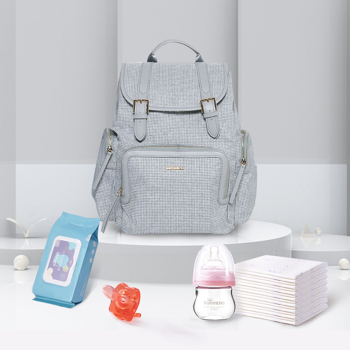 SUNVENO Diaper Bag Backpack, Baby Changing Bag Nappy Tweed Baby Diaper Bags Multifunction Waterproof for Travel