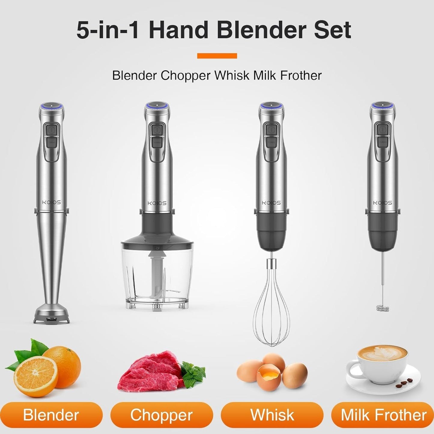 KOIOS 1100W Immersion Hand Blender, Stainless Steel Stick Blender with 12-Speed & Turbo Mode, 5-in-1 Handheld Blender with 600ml Mixing Beaker with Lid, 500ml Chopper, Whisk, Milk Frother, B PA-F ree