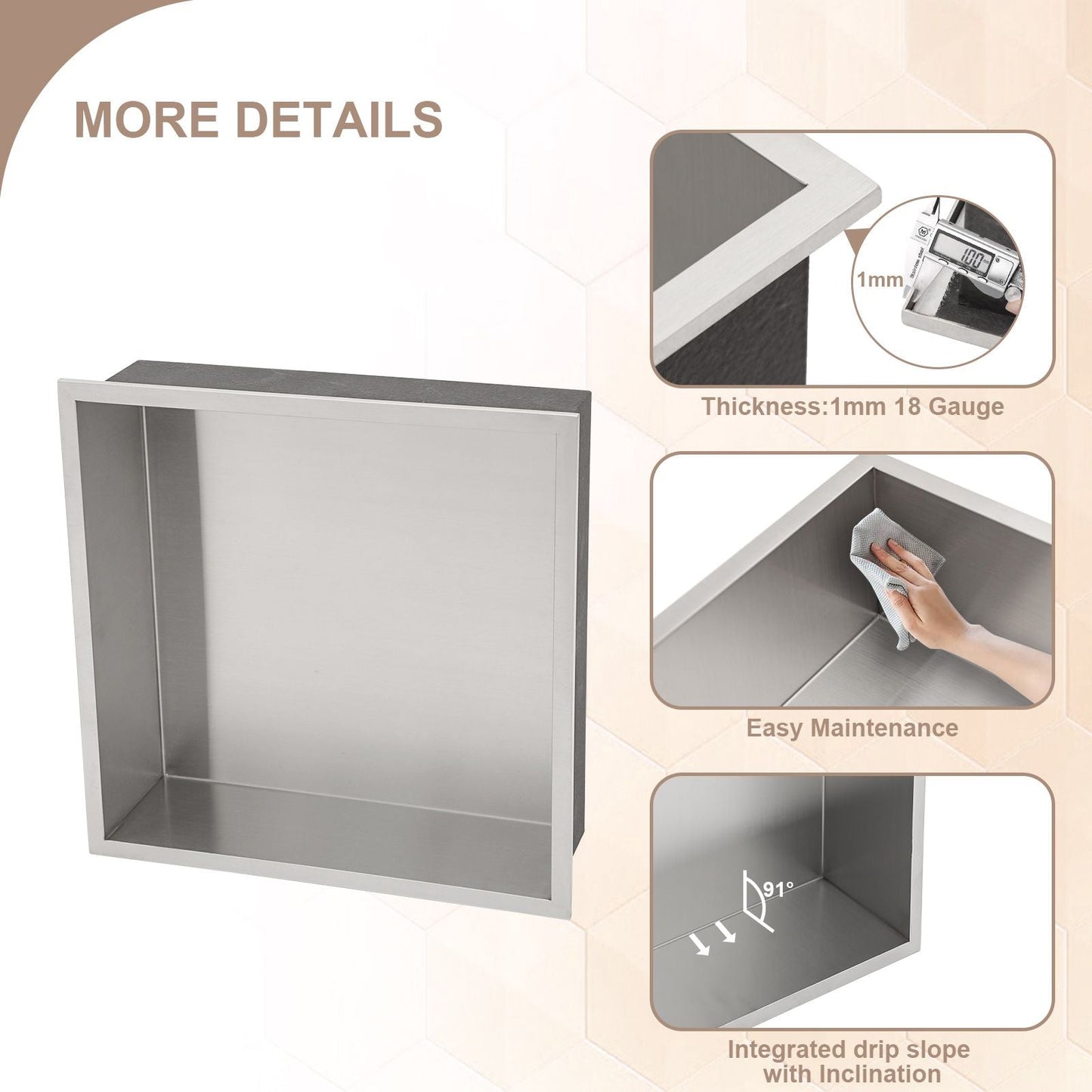 Brushed Stainless Steel Wall Shower  Niche , Double Recessed Shower Shelf for Bathroom