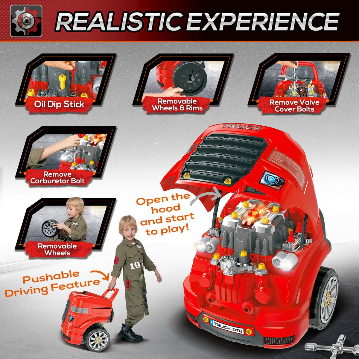 Engaging Kids Truck Engine Toy Set with RC Car Key | Red Mechanic Toys for Ages 3-5