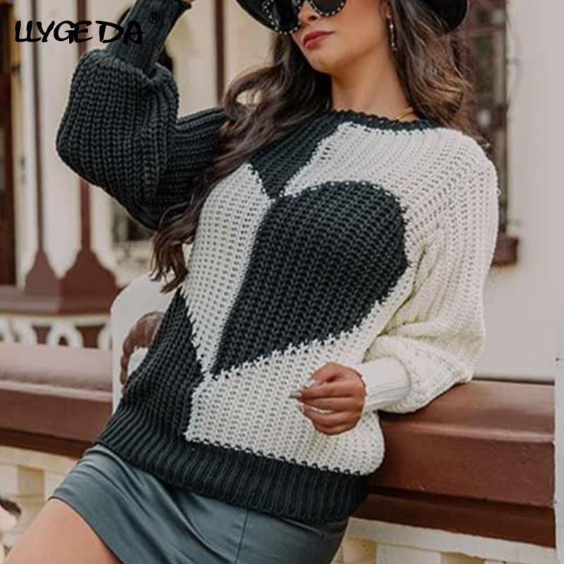 Knitted Love Contrast Women's Sweaters 2021 Autumn Flared Sleeves O-neck Patchwork Loose Pullovers Female Sweet Loose Casual Top