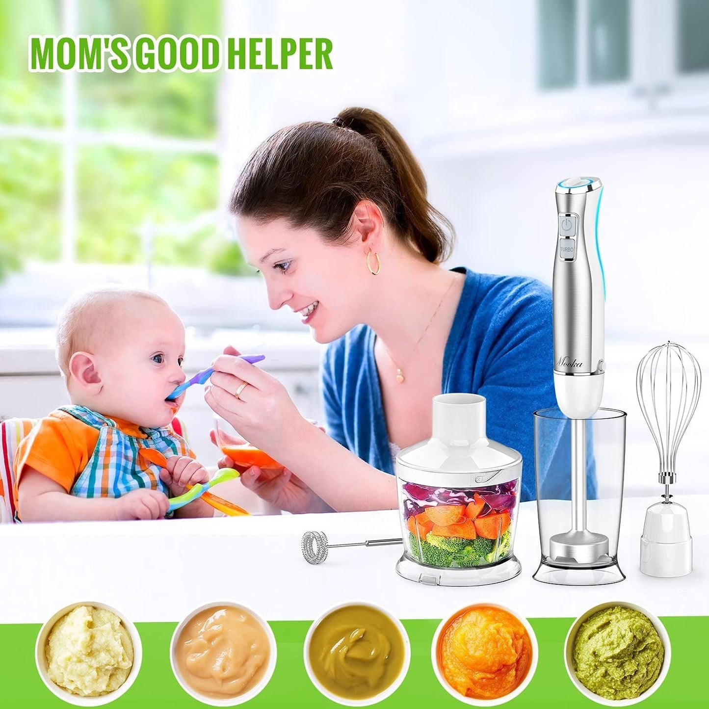Hand Blender;  5 in 1 Multi-Purpose Immersion Blender set;  1100 watts 12 Adjustable Speed Stick Blender;  600ml Beaker;  500ml Food Processor Container;  Egg Whisk;  Milk Frother Attachments;  White