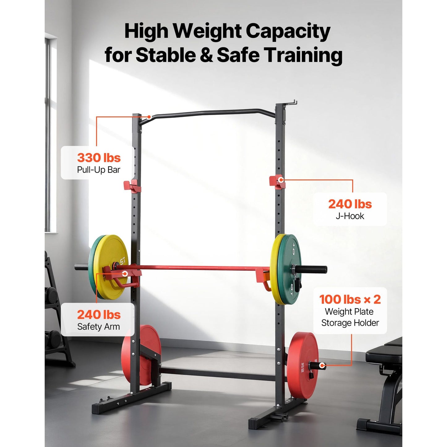Power Cage Squat Rack, Multifunctional Power Rack Home Gym, 1000LBS Strength Training Workout Equipment with 4 Band Pegs, Adjustable J-Hooks & Safety Bars for Barbell Squat Bench Press Pull-Up