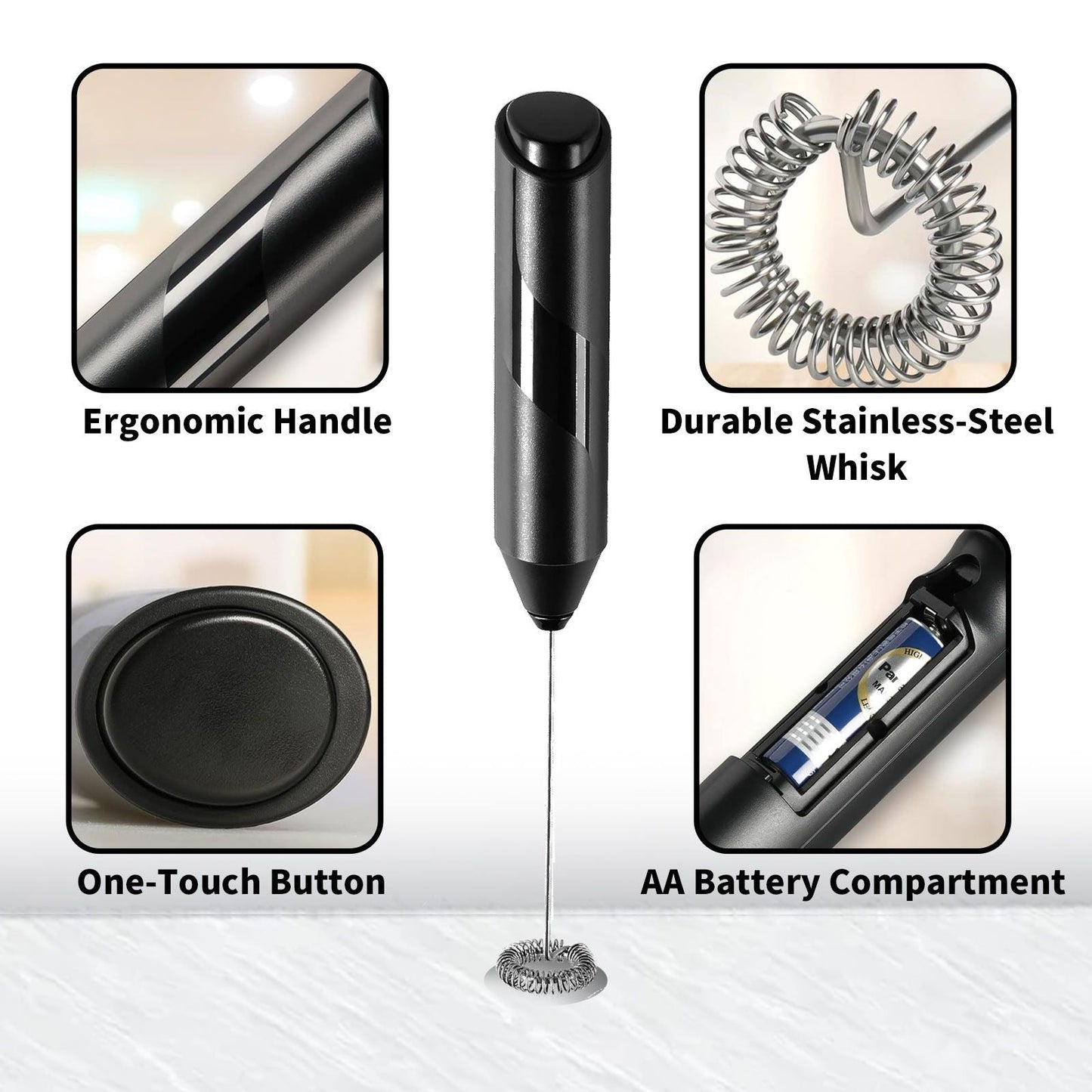 Milk Frother, Handheld Electric Blender stick, Drink Mixer with F ood G rade Stainless Steel Stirrer, Battery Operated Foam Maker for Coffee, Cappuccino, Frappe, Matcha, Hot Chocolate Latte