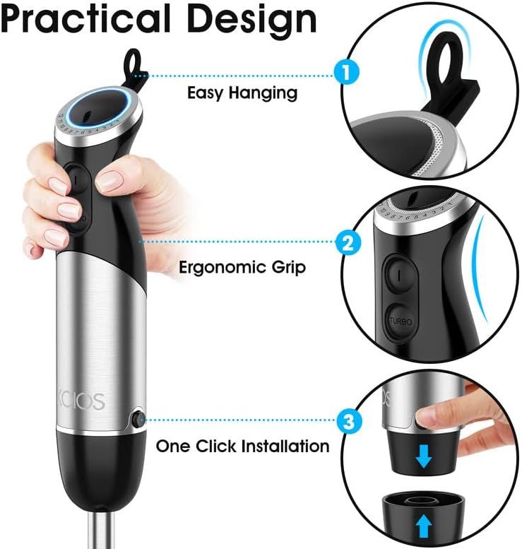 KOIOS Immersion Blender Handheld, 1000W 12-Speed 5 in 1 Hand Mixer Stick Blender with 304 Stainless Steel Blade, Food Processor, Beaker, Egg Whisk and Milk Frother,B PA-F ree, for Smoothies Baby Food