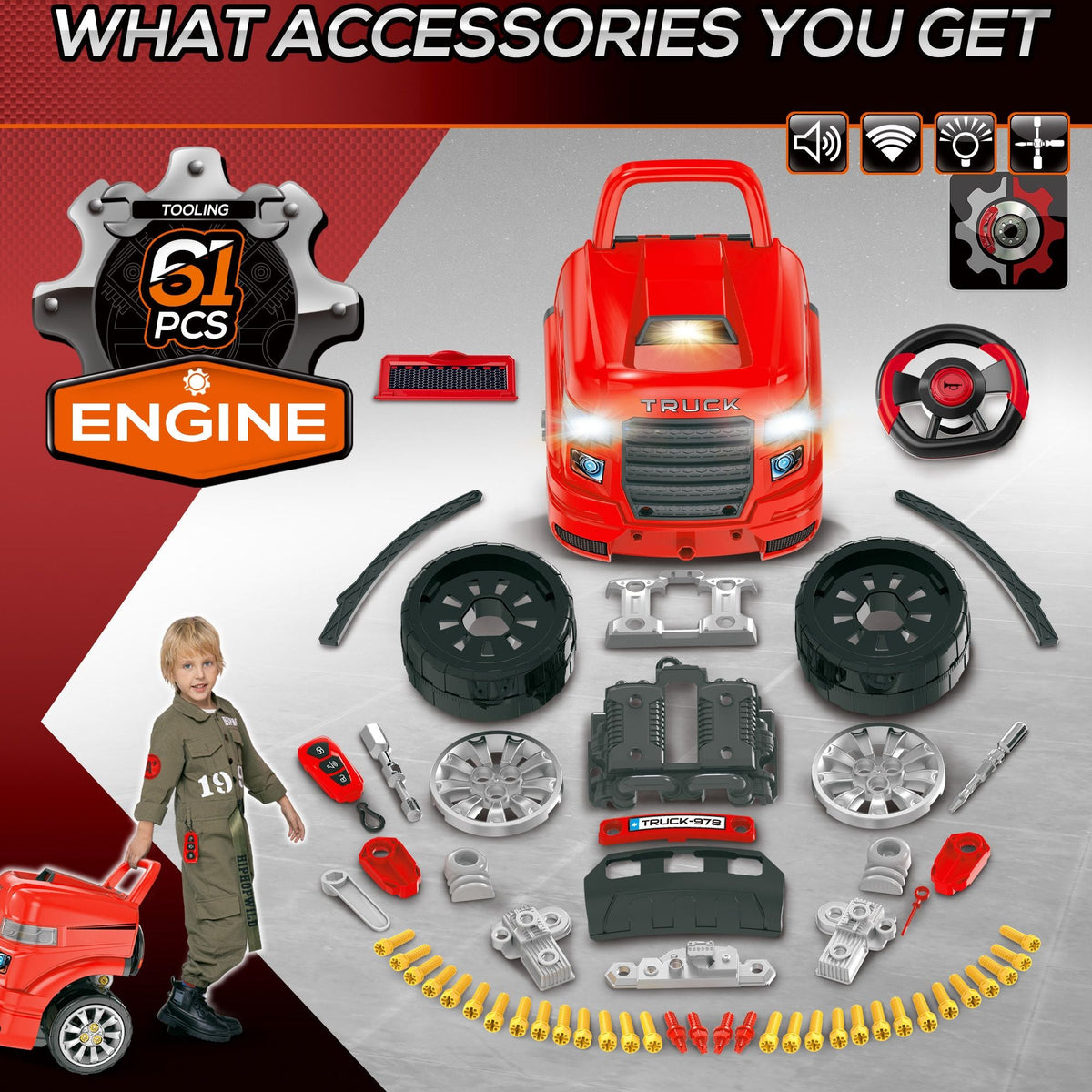 Engaging Kids Truck Engine Toy Set with RC Car Key | Red Mechanic Toys for Ages 3-5