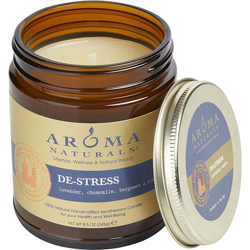 DE STRESS AROMATHERAPY by ONE 3 X 3 inch JAR AROMATHERAPY CANDLE. COMBINES THE ESSENTIAL OILS OF LAVENDER, CHAMOMILE, BERGAMOT & CLARY SAGE. BURNS APPROX. 50 HRS.