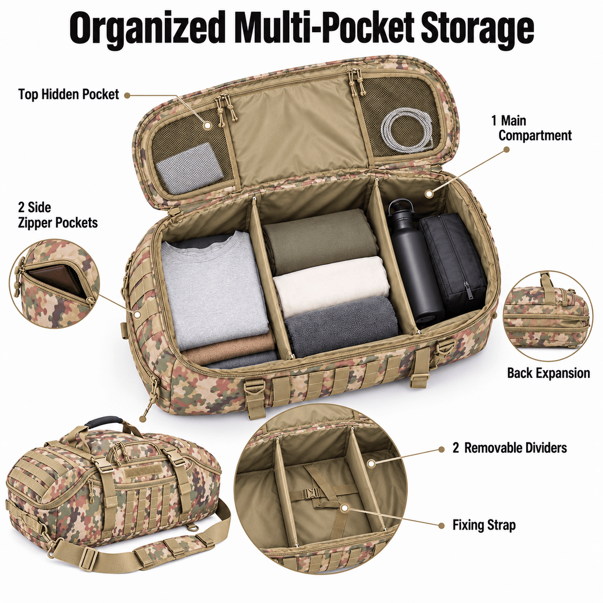 Tactical 65L Large Duffle Bag, 3-in-1 Tactical Backpack MOLLE Pack for Sports, Gym, Outdoor